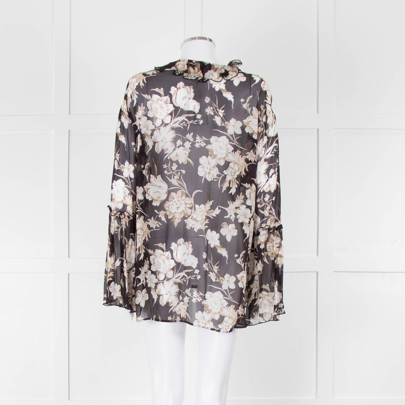 The Kooples Black Beige Floral Frill Long Sleeve Sheer Blouse