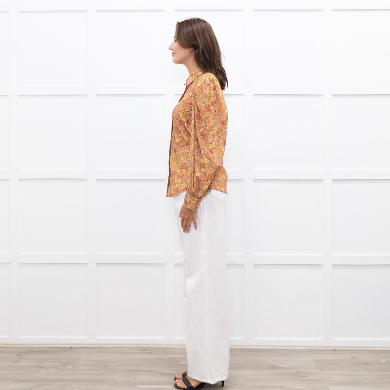 Mirto Orange Paisley Print Long Sleeve Blouse