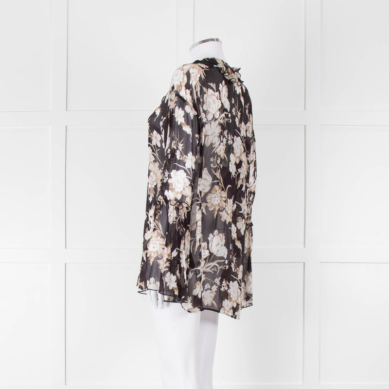 The Kooples Black Beige Floral Frill Long Sleeve Sheer Blouse
