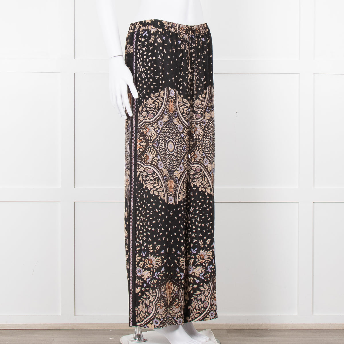 Max Mara Studio Black Brown Lilac Floral Print Silk Trousers