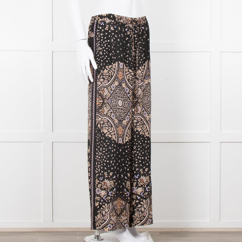 Max Mara Studio Black Brown Lilac Floral Print Silk Trousers
