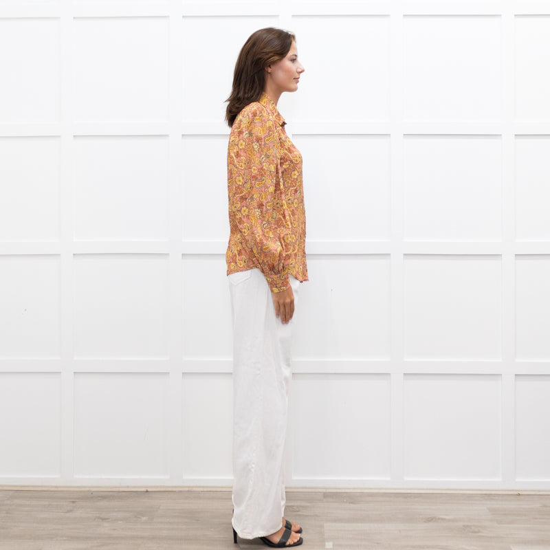 Mirto Orange Paisley Print Long Sleeve Blouse