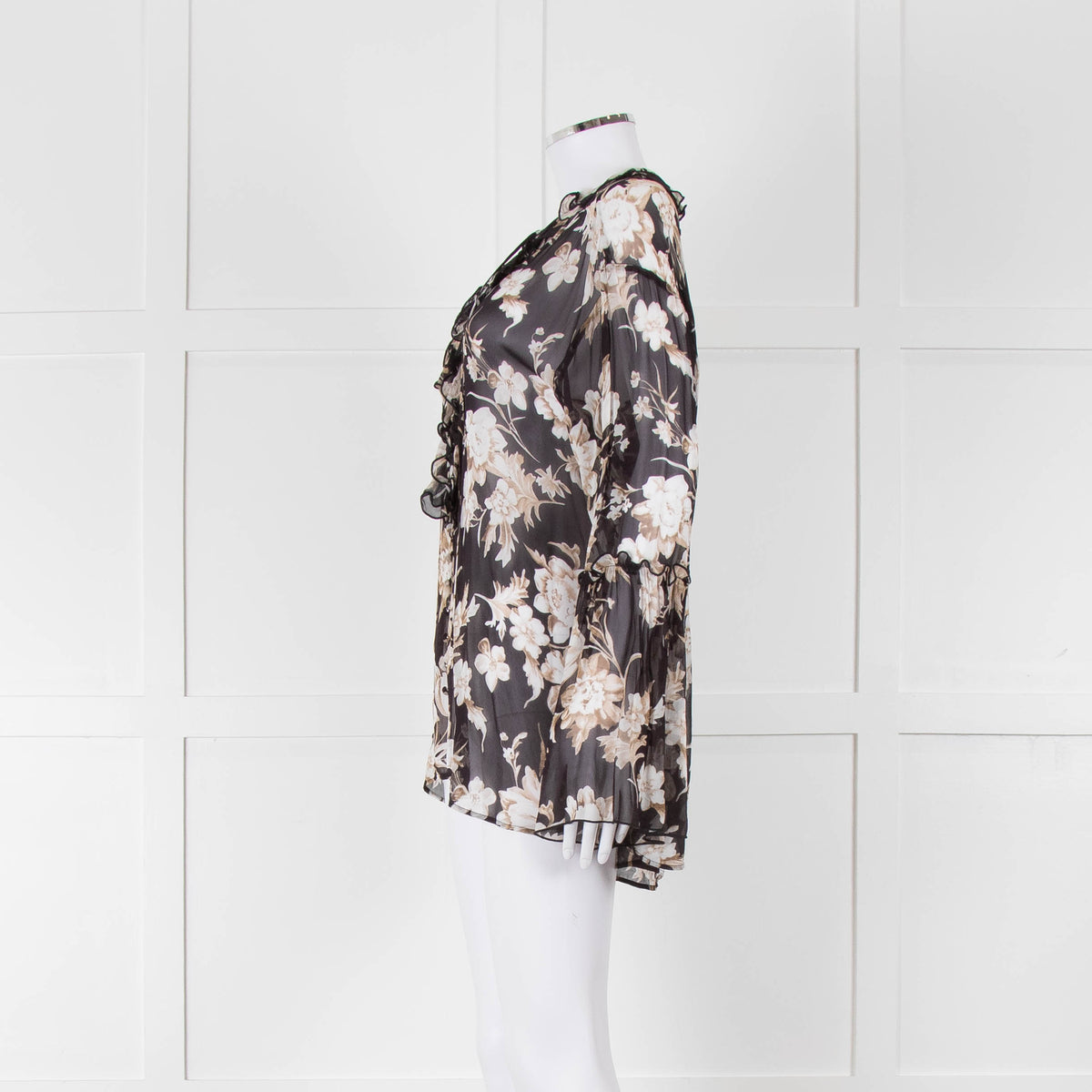 The Kooples Black Beige Floral Frill Long Sleeve Sheer Blouse
