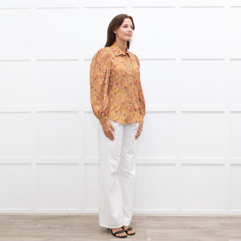 Mirto Orange Paisley Print Long Sleeve Blouse