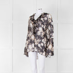 The Kooples Black Beige Floral Frill Long Sleeve Sheer Blouse