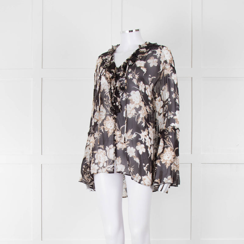 The Kooples Black Beige Floral Frill Long Sleeve Sheer Blouse