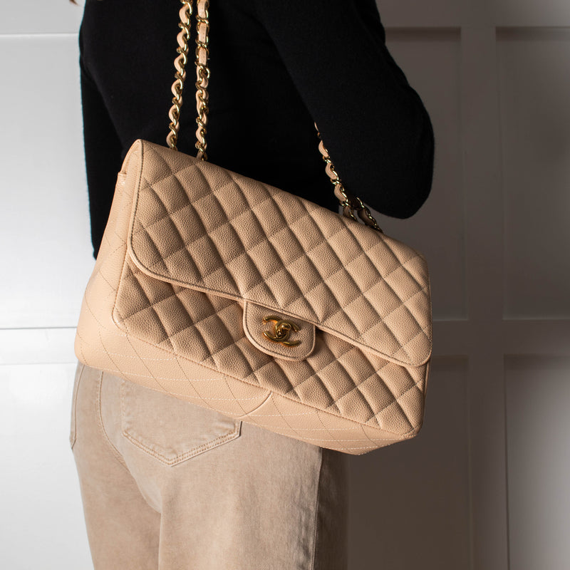 Chanel Beige Jumbo Single Flap Caviar Bag