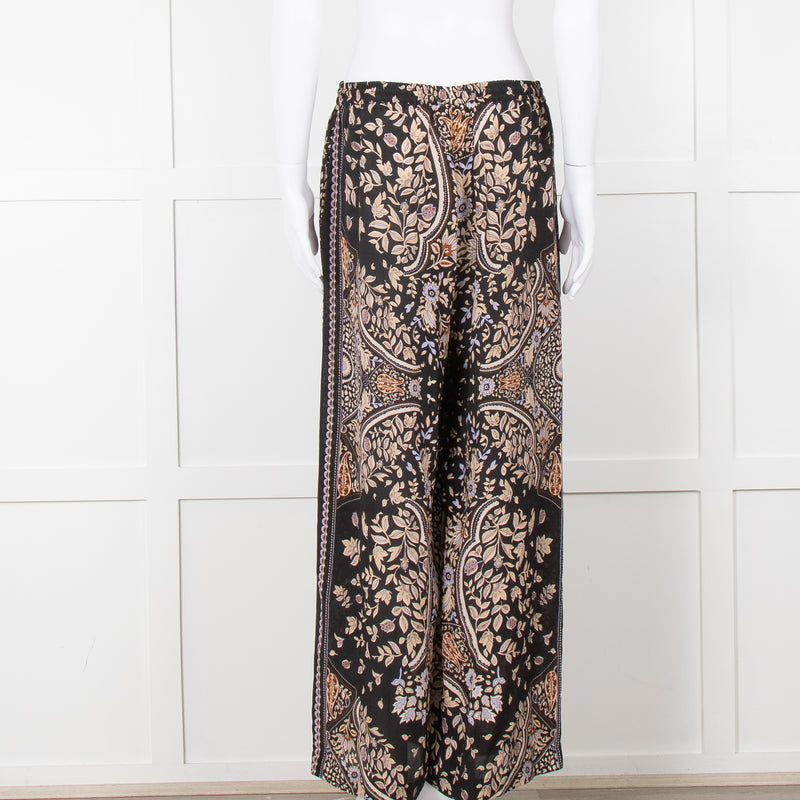 Max Mara Studio Black Brown Lilac Floral Print Silk Trousers