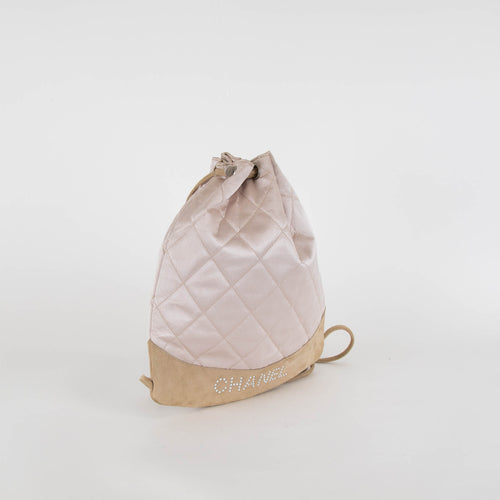 Chanel Pale Pink Satin Beige Suede Trim Quilted Backpack