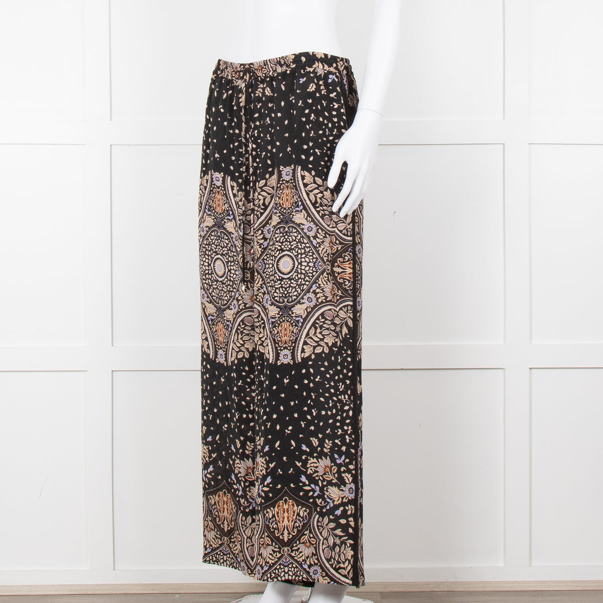 Max Mara Studio Black Brown Lilac Floral Print Silk Trousers