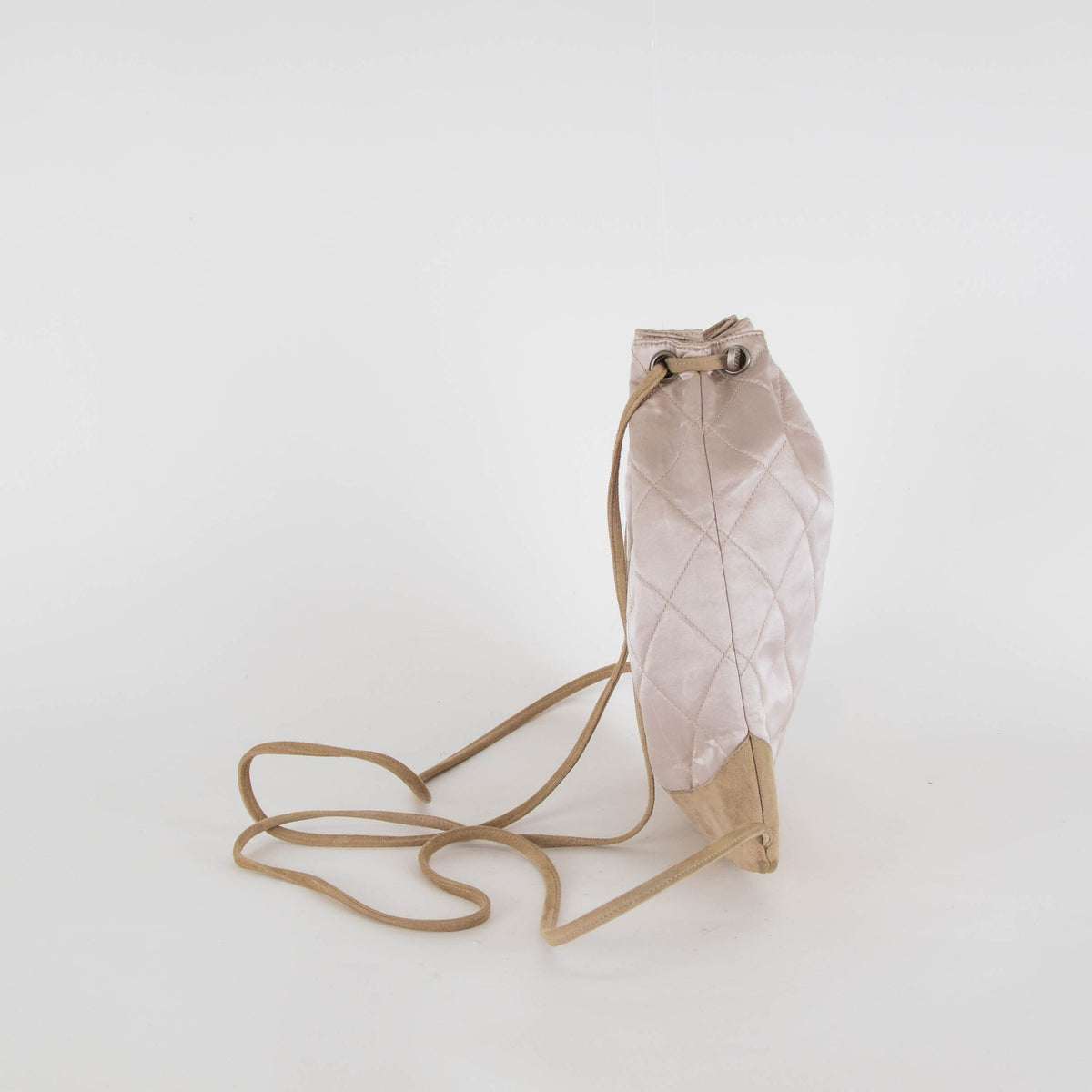 Chanel Pale Pink Satin Beige Suede Trim Quilted Backpack