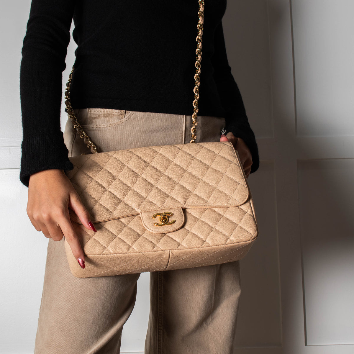 Chanel Beige Jumbo Single Flap Caviar Bag