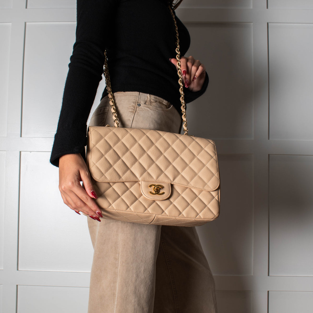 Chanel Beige Jumbo Single Flap Caviar Bag