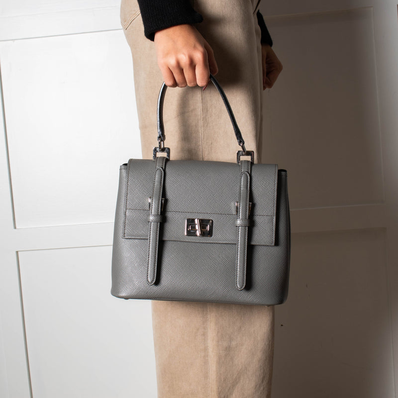 Prada Grey Saffiano Leather Turn Lock Flap Top Handle Bag