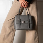 Prada Grey Saffiano Leather Turn Lock Flap Top Handle Bag