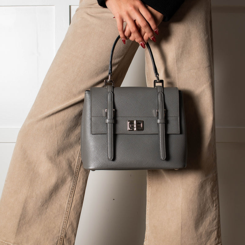 Prada Grey Saffiano Leather Turn Lock Flap Top Handle Bag