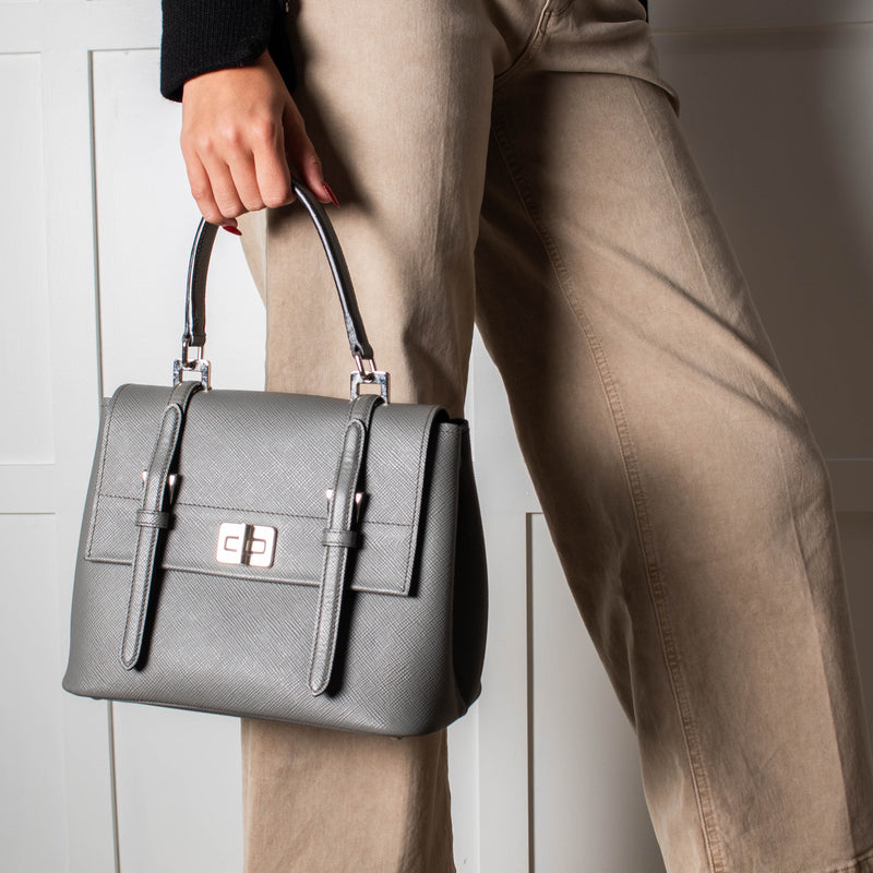 Prada Grey Saffiano Leather Turn Lock Flap Top Handle Bag