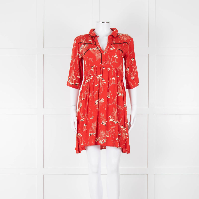 Ba&sh Orange Cream Floral Black Trim Short Sleeve Dress