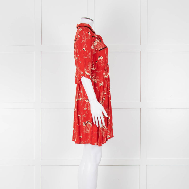Ba&sh Orange Cream Floral Black Trim Short Sleeve Dress
