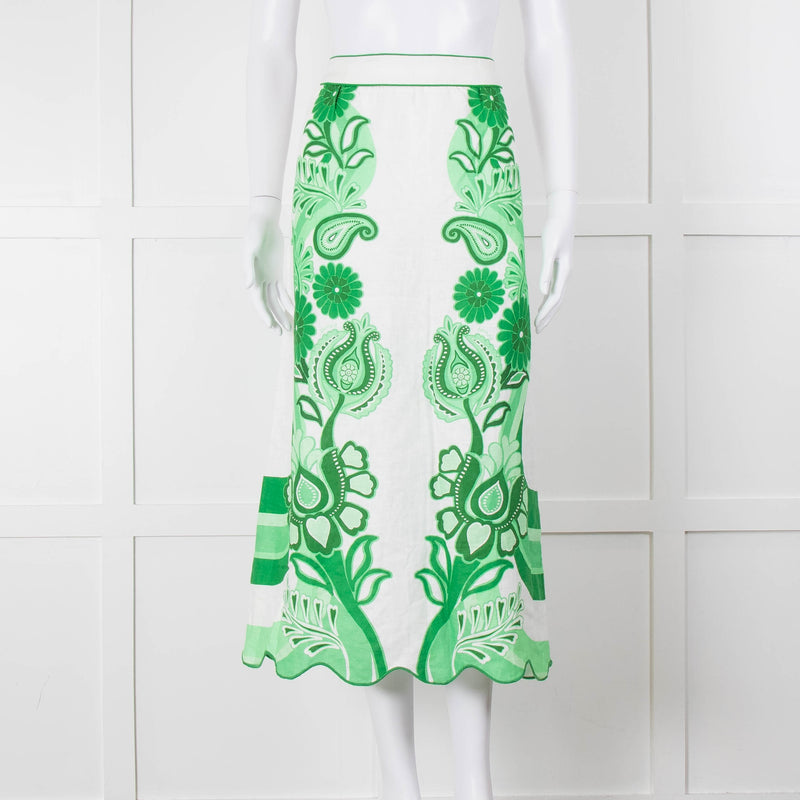 Farm Rio Green and White Linen Midi Skirt with Split