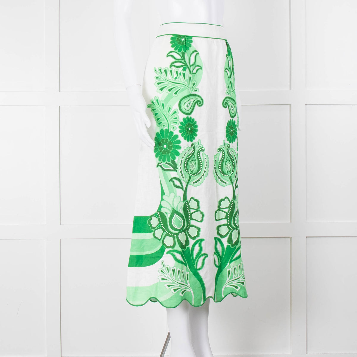 Farm Rio Green and White Linen Midi Skirt with Split