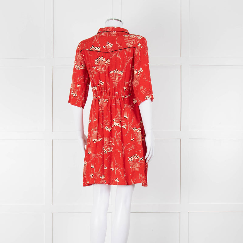 Ba&sh Orange Cream Floral Black Trim Short Sleeve Dress