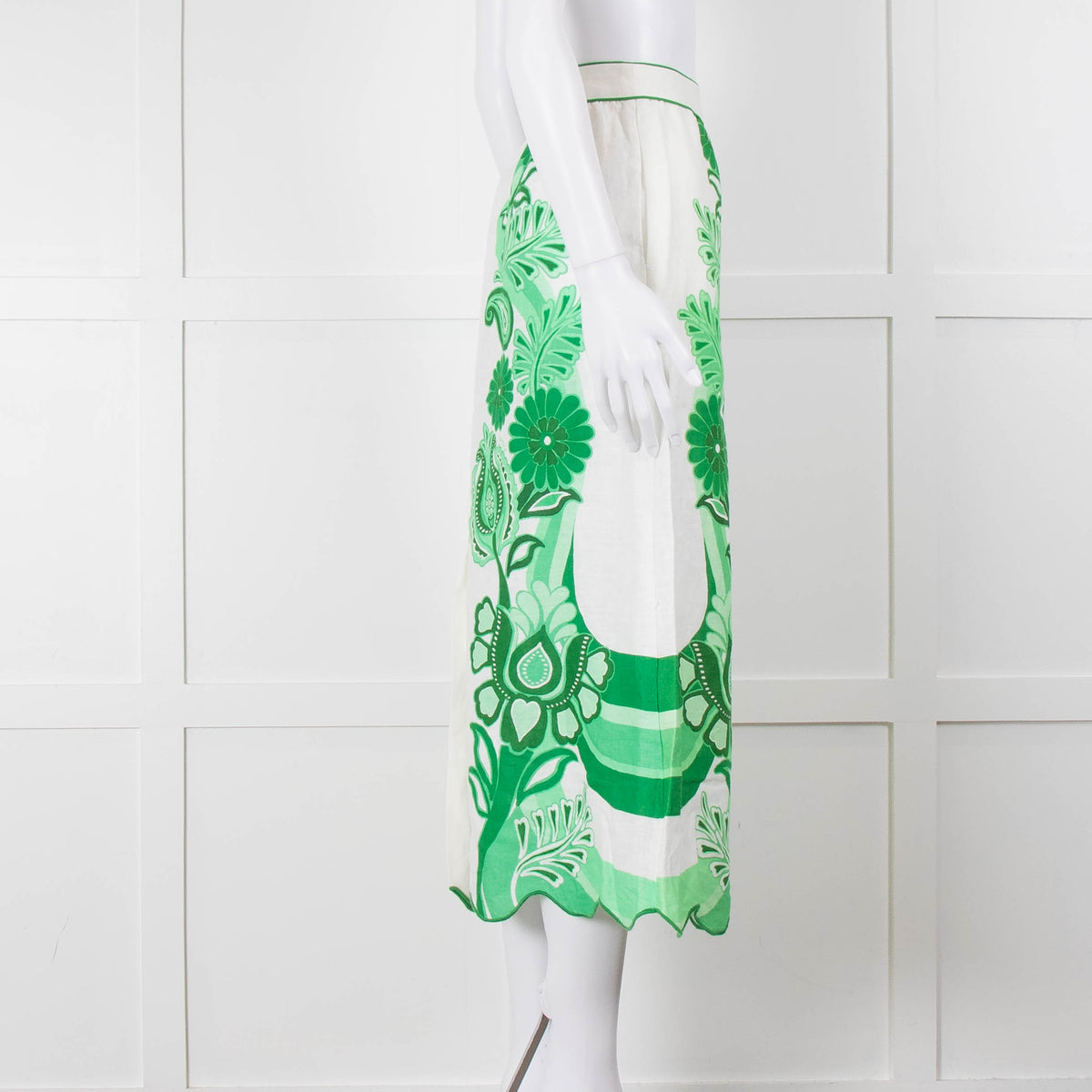 Farm Rio Green and White Linen Midi Skirt with Split