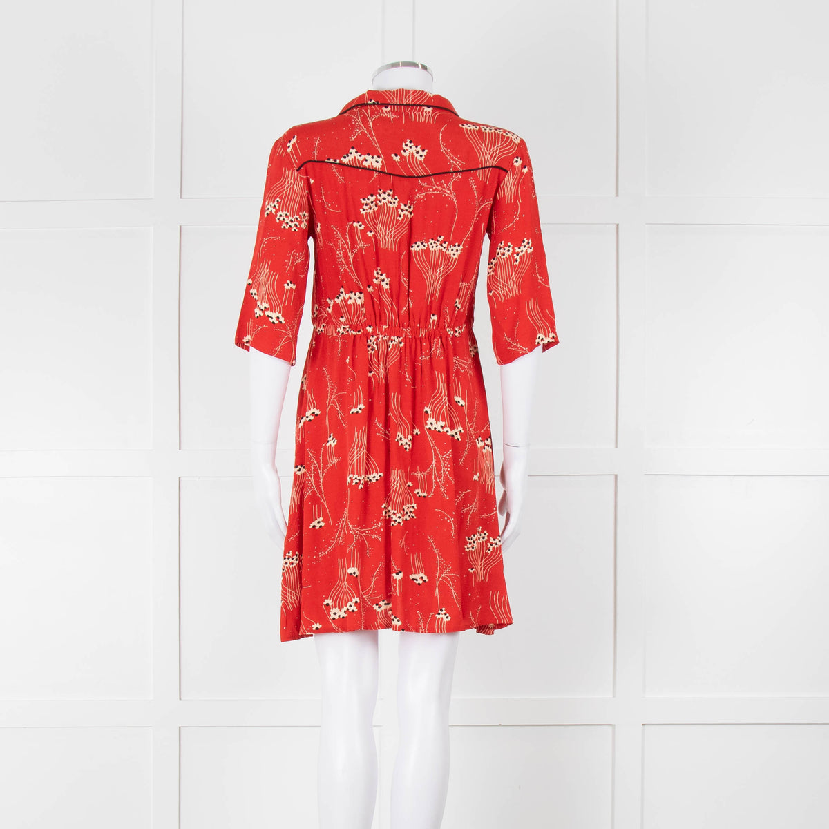 Ba&sh Orange Cream Floral Black Trim Short Sleeve Dress