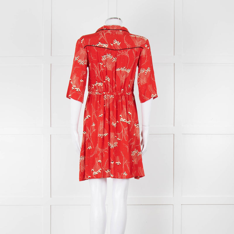 Ba&sh Orange Cream Floral Black Trim Short Sleeve Dress