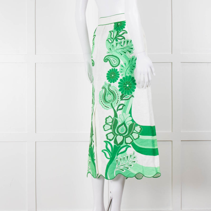 Farm Rio Green and White Linen Midi Skirt with Split