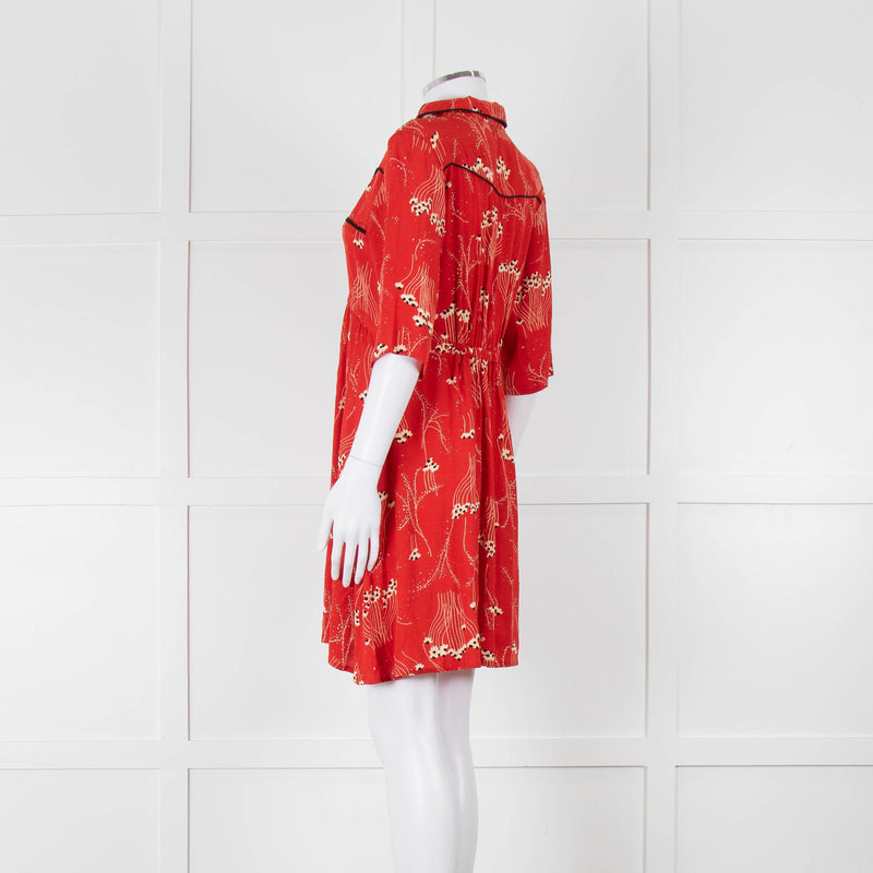 Ba&sh Orange Cream Floral Black Trim Short Sleeve Dress