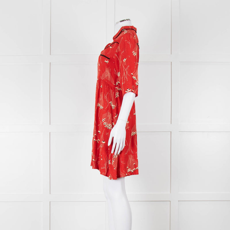 Ba&sh Orange Cream Floral Black Trim Short Sleeve Dress