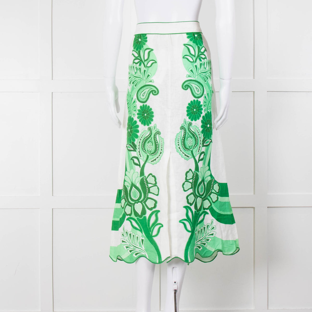 Farm Rio Green and White Linen Midi Skirt with Split