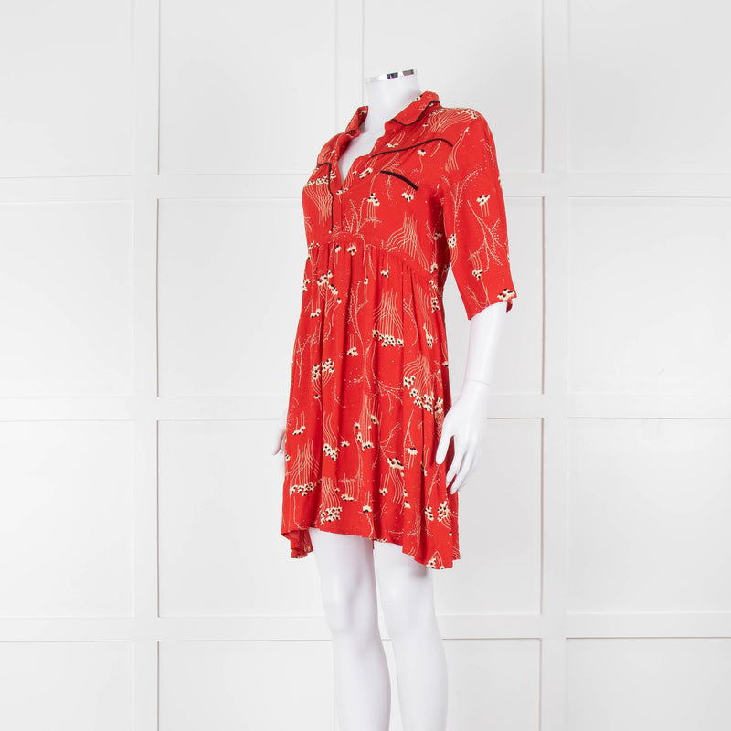 Ba&sh Orange Cream Floral Black Trim Short Sleeve Dress