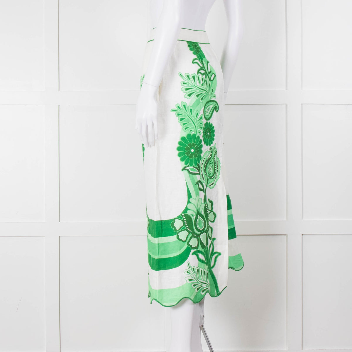 Farm Rio Green and White Linen Midi Skirt with Split