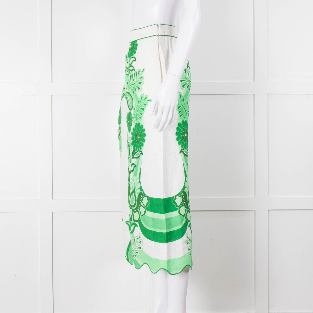Farm Rio Green and White Linen Midi Skirt with Split