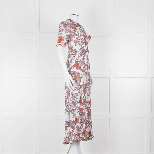 See By Chloe White Brown Floral Short Sleeve Dress With Slip