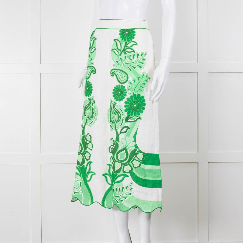 Farm Rio Green and White Linen Midi Skirt with Split