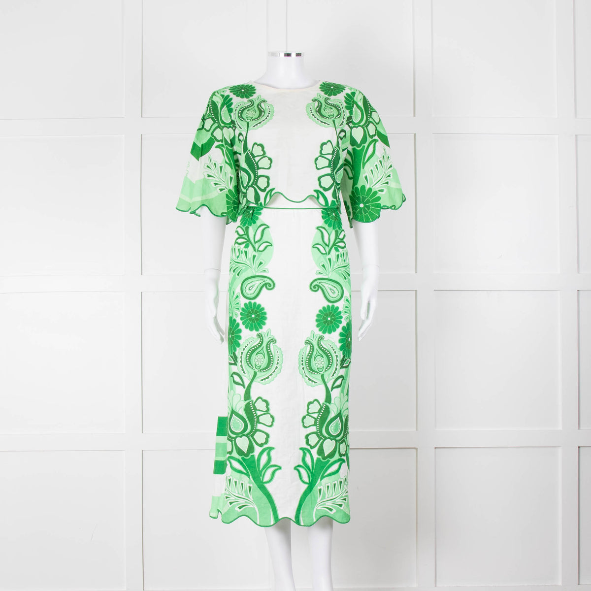 Farm Rio Green and White Linen Midi Skirt with Split