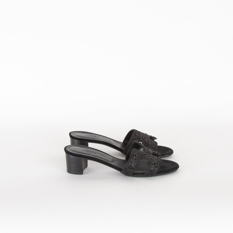 Hermes Black Suede Crystal Oasis Sandals