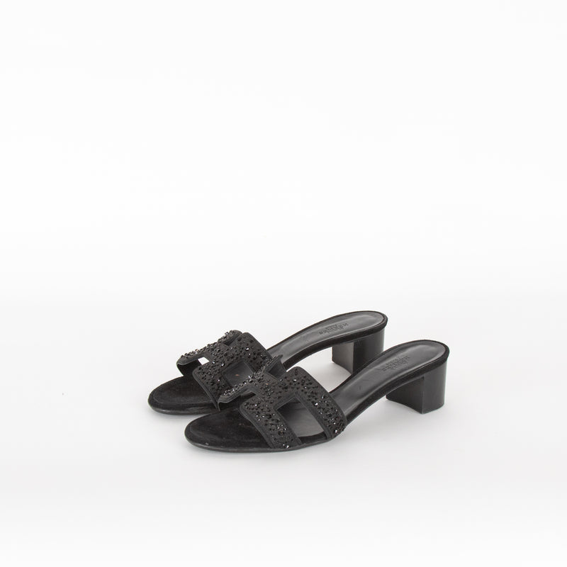 Hermes Black Suede Crystal Oasis Sandals
