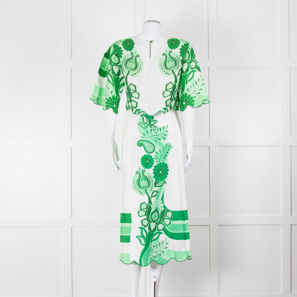 Farm Rio Green and White Linen Midi Skirt with Split