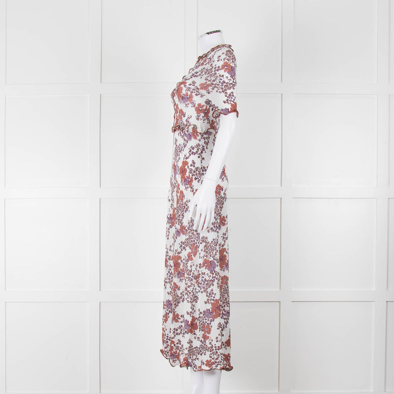See By Chloe White Brown Floral Short Sleeve Dress With Slip