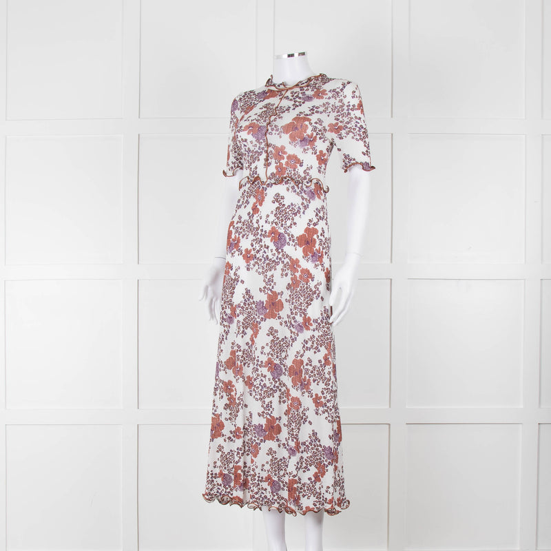 See By Chloe White Brown Floral Short Sleeve Dress With Slip
