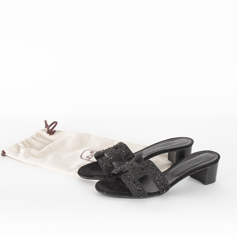 Hermes Black Suede Crystal Oasis Sandals
