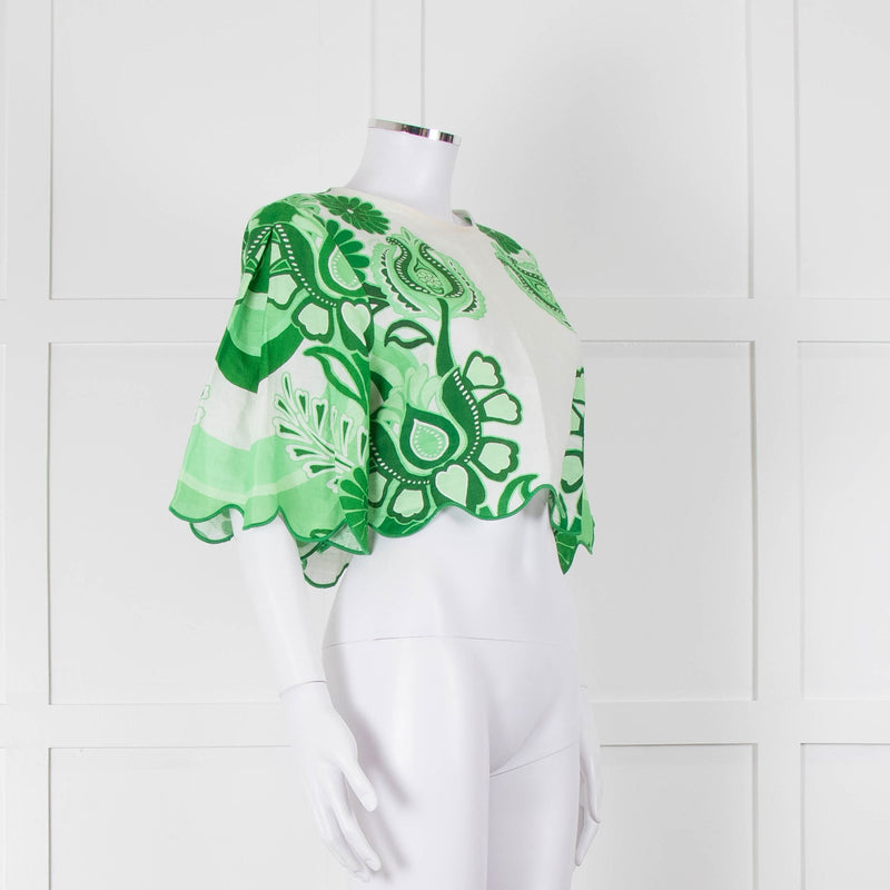 Farm Rio White and Green Linen Short Sleeve Blouse