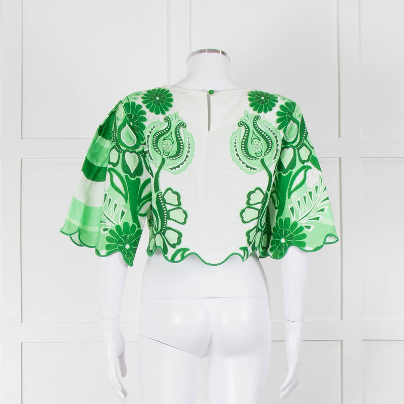 Farm Rio White and Green Linen Short Sleeve Blouse