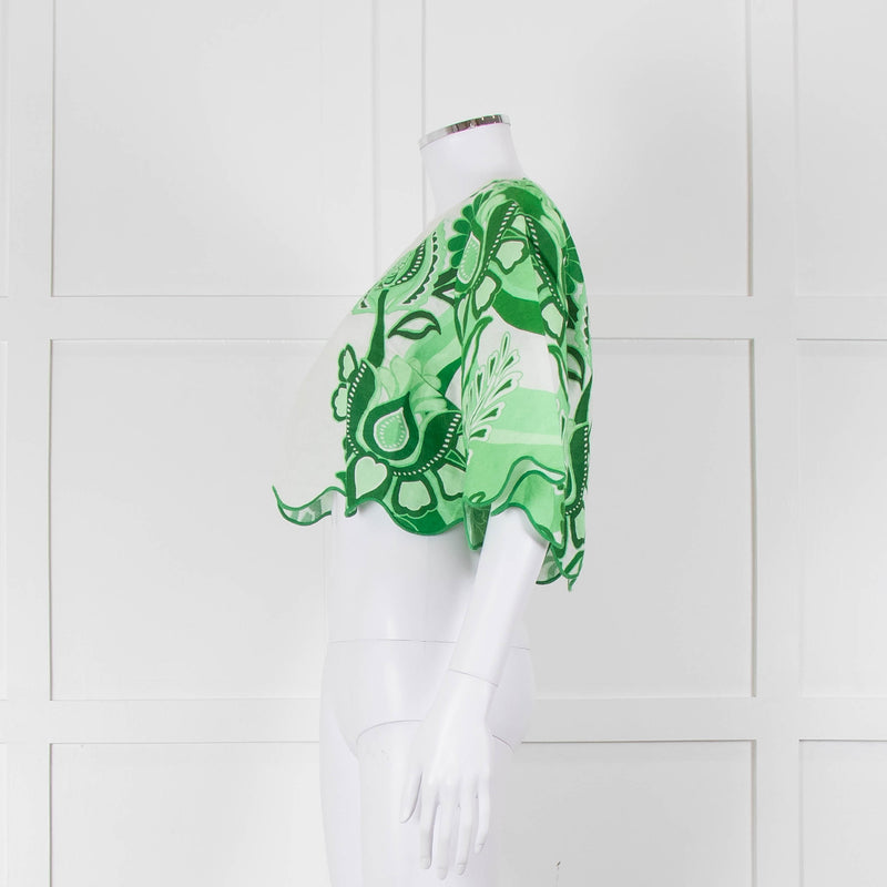 Farm Rio White and Green Linen Short Sleeve Blouse