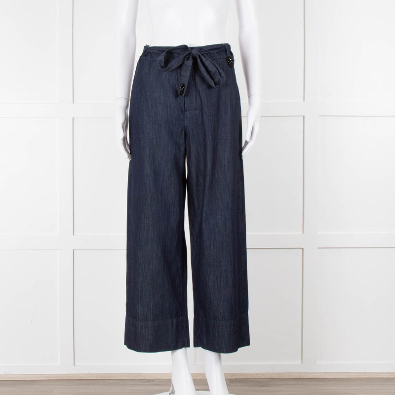 S Max Mara Blue Cotton Embellished Detail Cotton Wide Leg Trousers