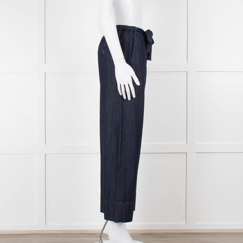 S Max Mara Blue Cotton Embellished Detail Cotton Wide Leg Trousers